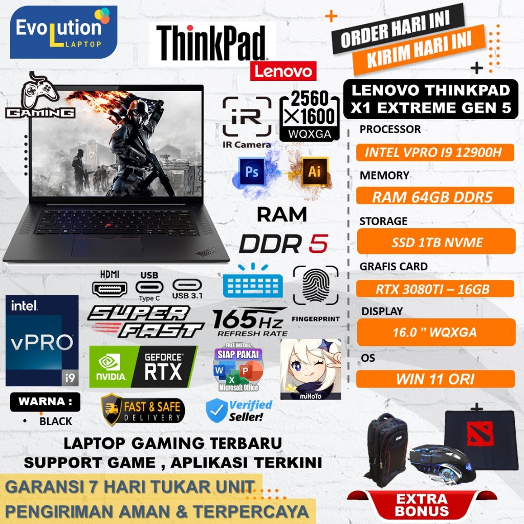 Laptop Gaming Lenovo Thinkpad X1 Extreme Gen 5 Core i9 12900H RTX3080Ti-16GB Ram 64GB DDR5 2TB SSD 1