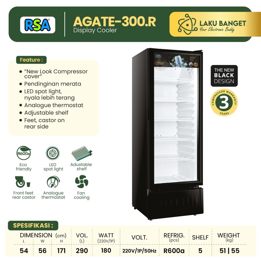 RSA Showcase Display Cooler AGATE-300 Free Ongkir / Showcase RSA 282 Liter Garansi Resmi