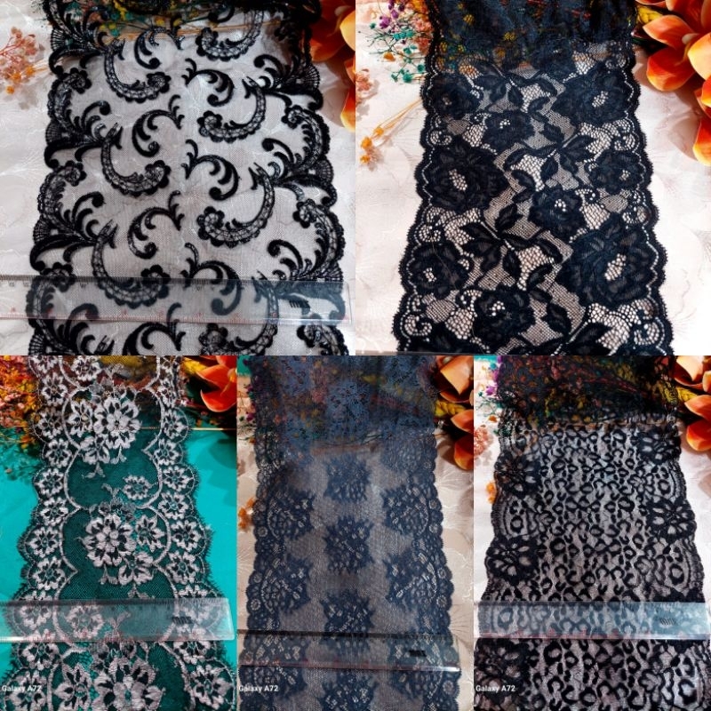 renda strech hitam lebar 20cm harga 5500