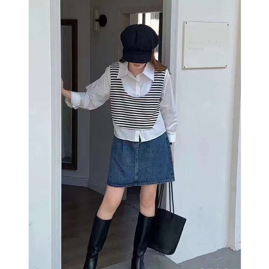 MINEOLA Edgy White Crop Top Long Sleeves with Stripes Vest (Atasan Blus Crop Top Katun Premium Impor