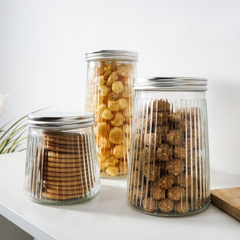 Toples Kaca Eksklusif Hijau MMS Toples Montella Stripe Love Bird Green 900 ml Set of 3 Toples Kue Ke