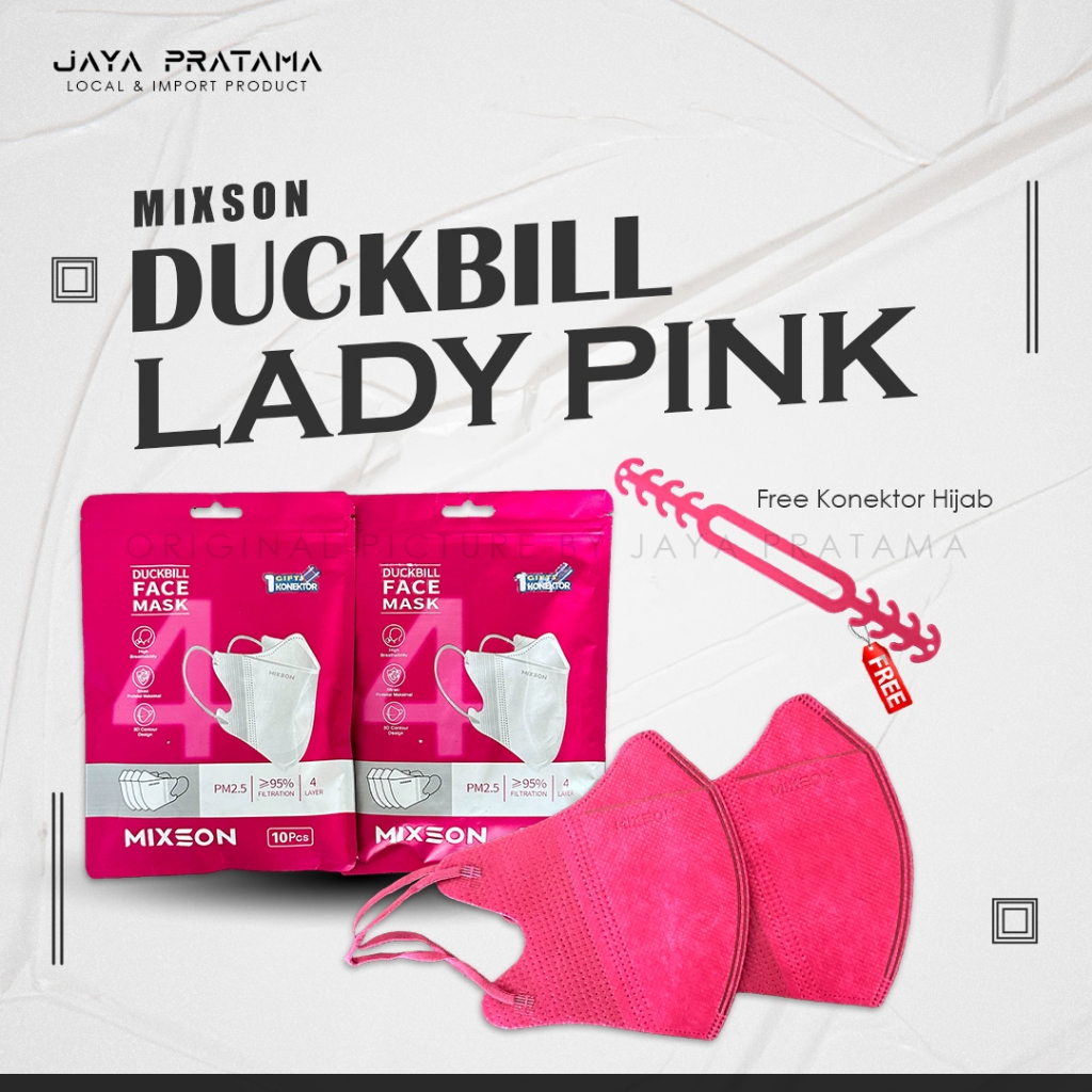 MIXSON MASKER DUCKBILL 4PLY EARLOOP/CANTOL TELINGA ISI 10 PCS | WARNA LADY PINK | FREE KONEKTOR HIJA