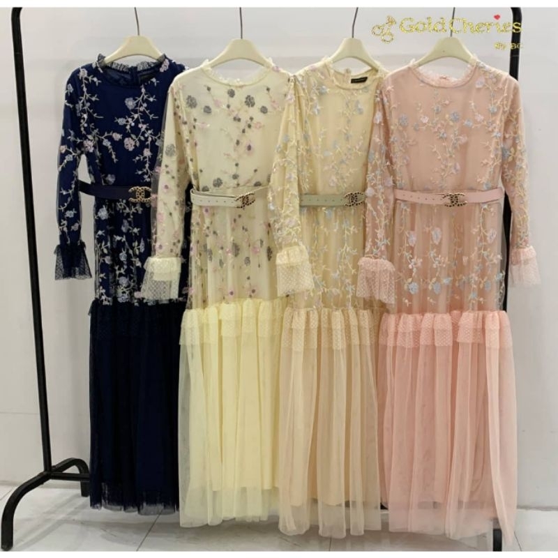 Maxi Dress Gamis Import Gold Cheries Tulle Bunga (FCODI1237)