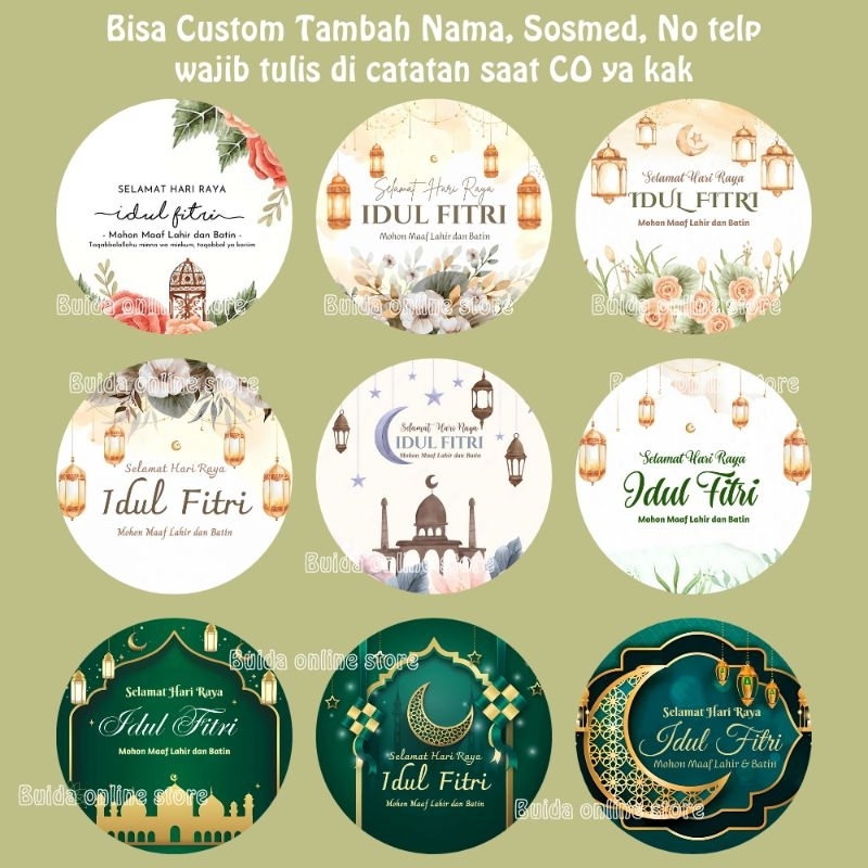 

Stiker / Hangtag / Kartu Ucapan Selamat Hari Raya Idul Fitri Mohon Maaf Lahir dan Batin Sticker Label Kemasan Lebaran toples cookies dus box kue kering kuker hampers parcel bulat bisa custom tambah nama keluarga toko olshop sosmed nomor telpon ramadhan