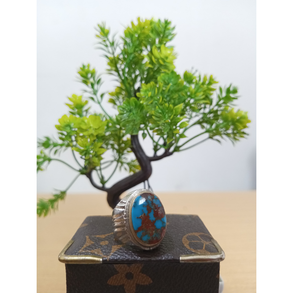 Cincin Batu Pirus Persia Biru Fancy Urat Merah