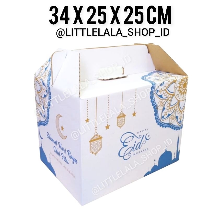 

Box Lebaran Jinjing 34x25x25cm/ kardus pacel idul fitri cocok untuk snack, sembako dll/box model tenteng