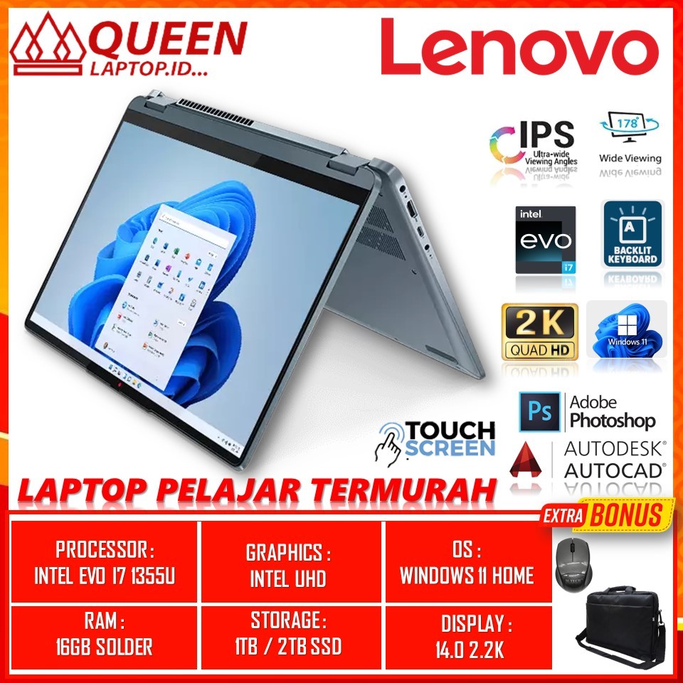 LAPTOP TOUCHSCREEN MURAH LENOVO IDEAPAD FLEX 7 14 INTEL EVO I7 1355U  RAM 16GB 2TB SSD WIN11HOME 14.