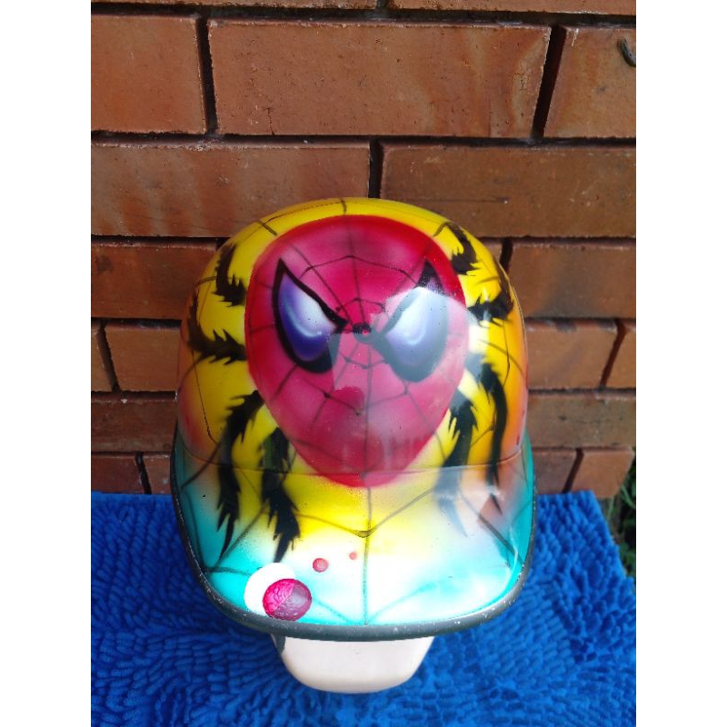 HELM CLASSIK JADUL VINTAGE MODEL HELM ASTREA GRAND AIR BRUSH SPIDERMAN MERAH KAKI HITAM ORIGINAL NOS
