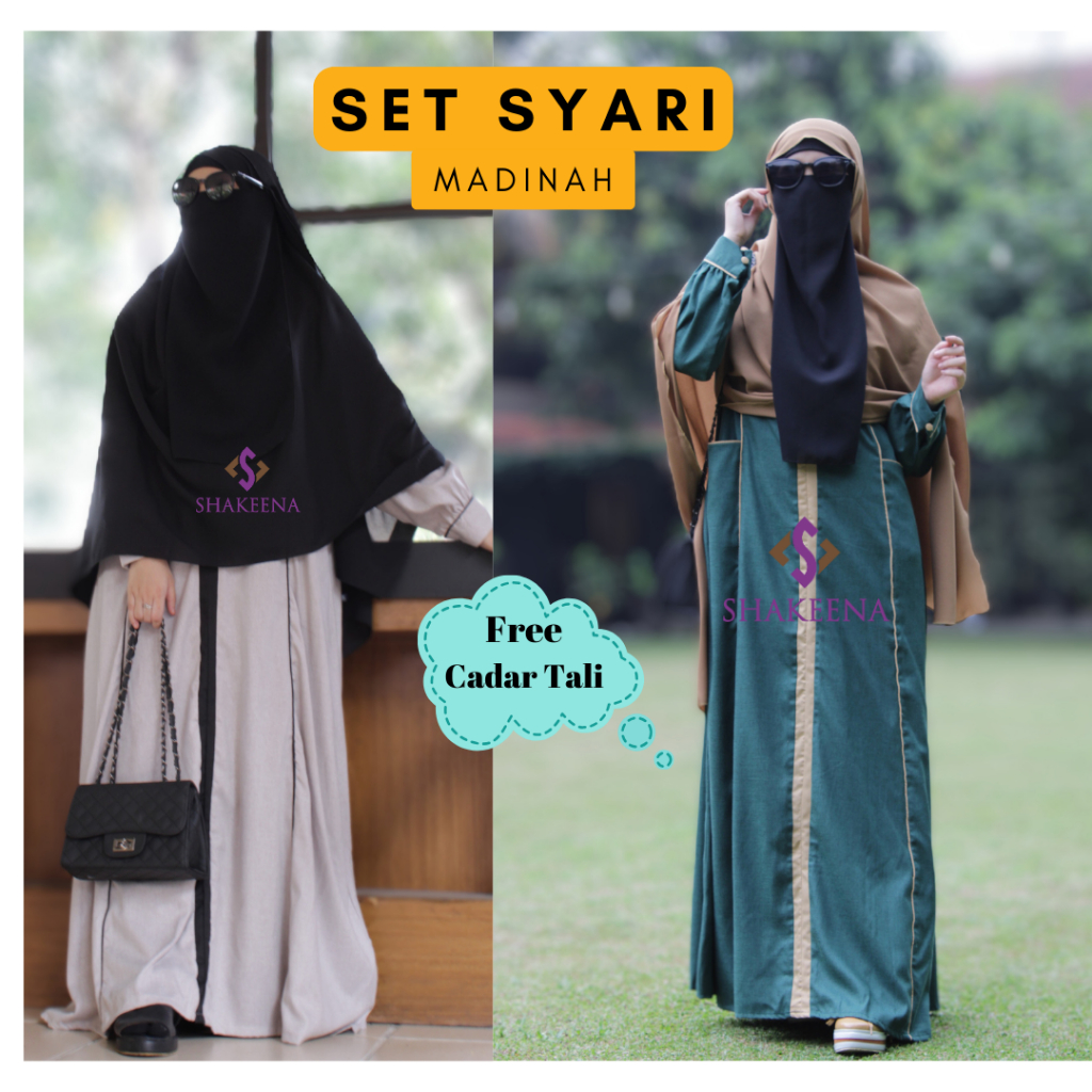 Gamis Set syari terbaru katun madinah kombinasi- Gamis set Pasmina instan