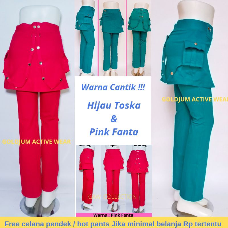 (PROMO TERBAIK) CELANA ROK SENAM KANTONG CARGO 2 RING RANTAI / HIJAU TOSKA /PINK FANTA /Celana Senam