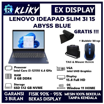 Laptop Lenovo Ideapad Slim 3i 15 Intel Core i3 Gen 12 Ram 8GB Ssd 512Gb Layar 15 Full HD Blue