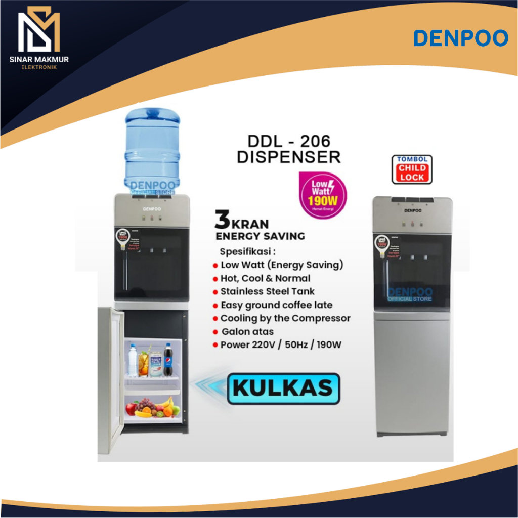 DISPENSER GALON ATAS BAWAH KULKAS PENDINGIN LOW WATT 190W DDL 206 DENPOO