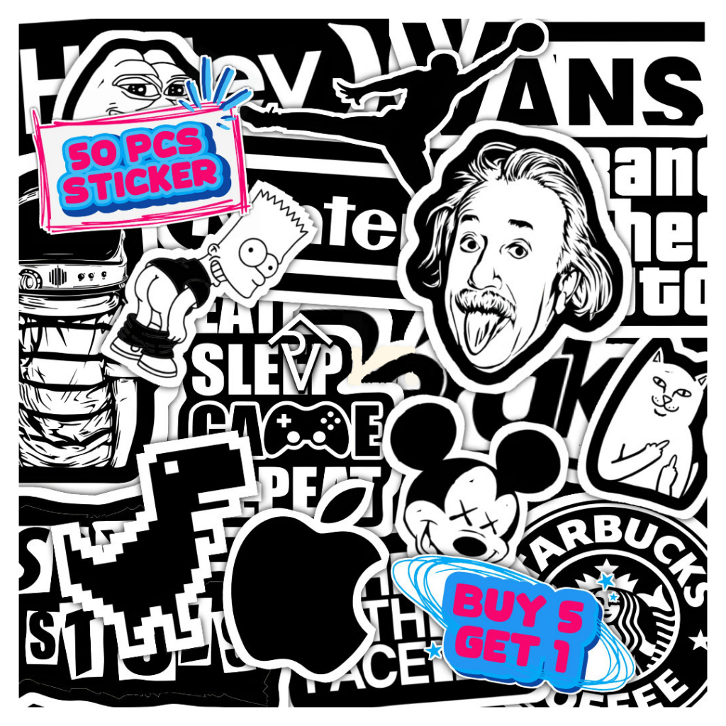 

50 pcs Stiker Pack Brand Hypebeast Series Black and White BNW Aesthetic Vinyl Laptop Stiker HP Motor Helm Mobil
