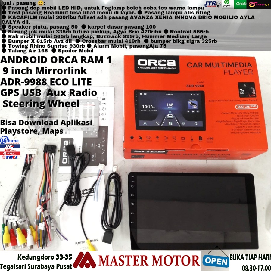 Headunit Android Orca ADR 9988 9 inch Eco Lite RAM 1/16 GB Wifi USB Map Tape Doubledin Mobil Innova 
