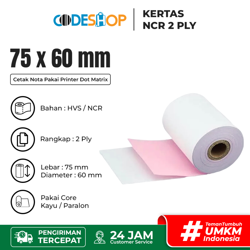 

Kertas Roll Struk Kasir NCR 2 PLY - 2 Rangkap 75x60 mm