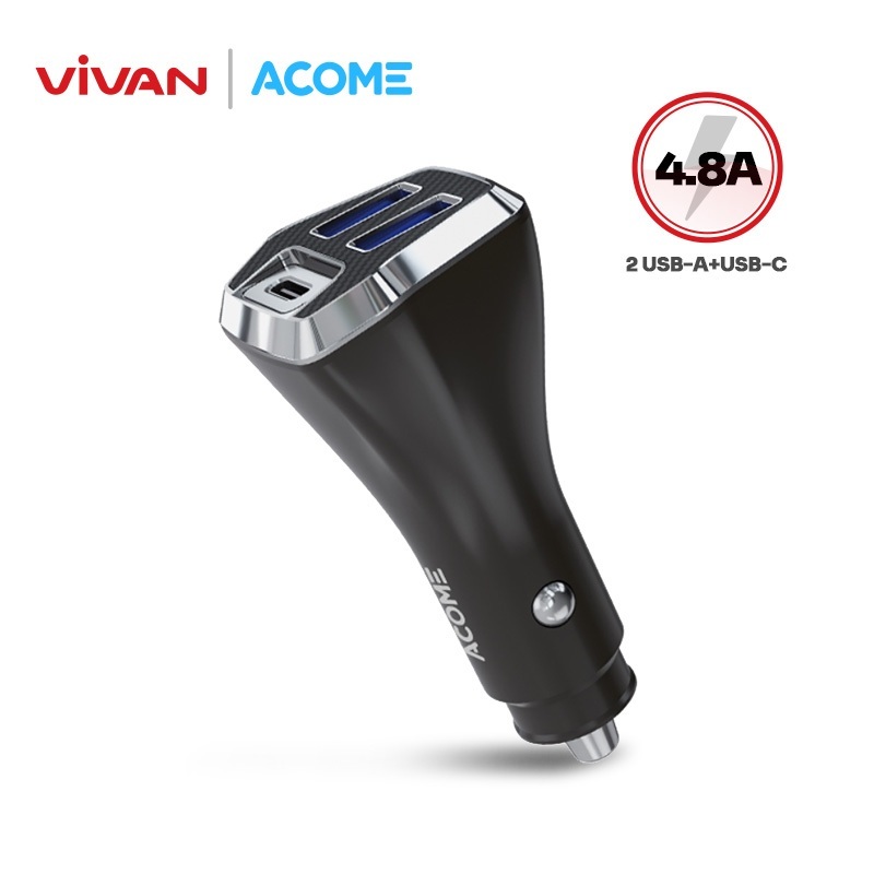 VIVAN X ACOME Car Charger ACC07 Dual Port USB-A USB-C 4.8A QC3.0 Colokan Mobil Support Fast Charging