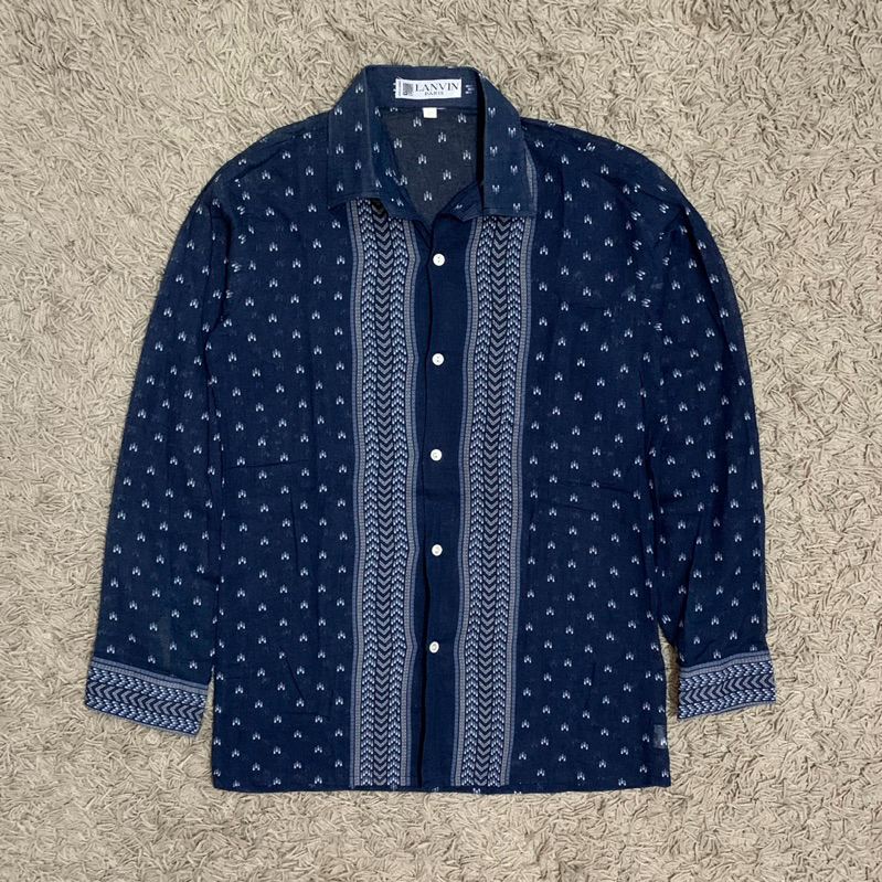 Vintage Lanvin Paris Navy All Over Printed Semi Transparent Patterned Shirt | Kemeja Corak Santai Ca