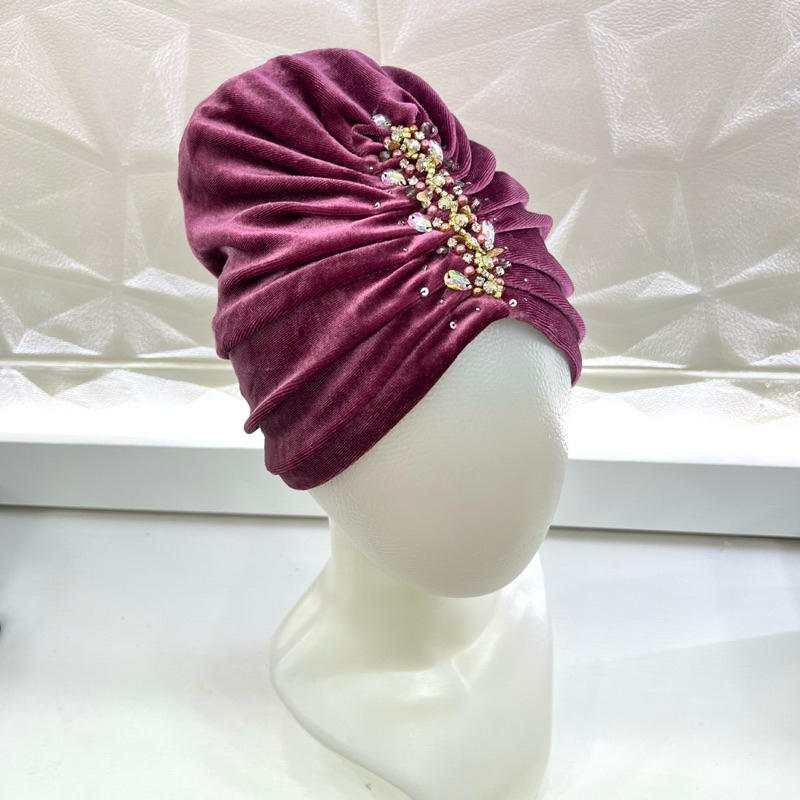 Turban beludru payet Mona Turban pesta mewah Turban instan pesta Ciput turban premium