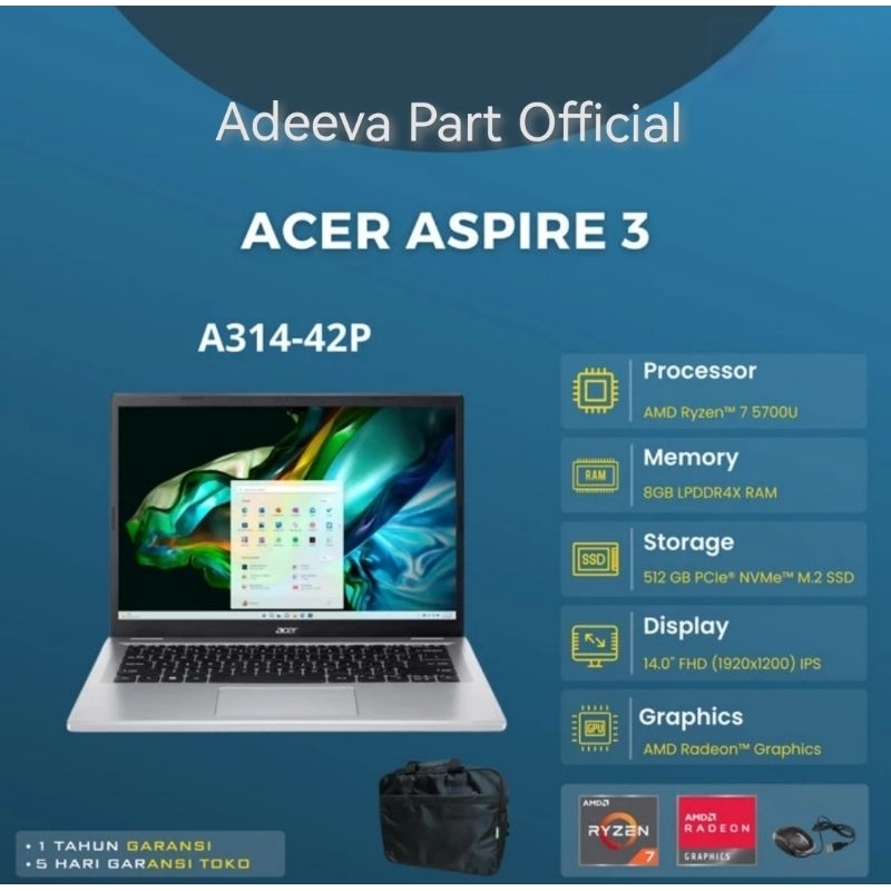 Laptop Acer Aspire A314 AMD Ryzen 7-5700u 8GB/512GB SSD 14" WUXGA IPS - Dos