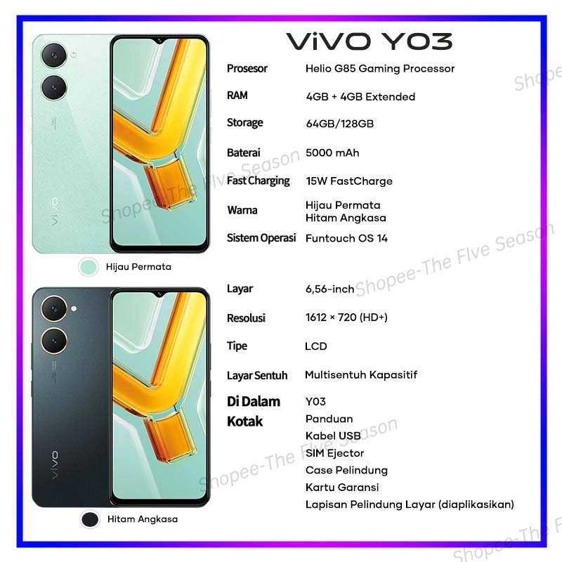 Vivo Y03 4/64 RAM 4GB ROM 64GB 5000mAh Battery Hp Vivo Terbaru 2024 Big Screen Dual-Mode