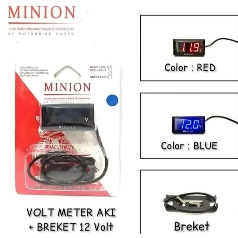 VOLTMETER STANDAR 1 FUNGSI WARNA BIRU MERAH 12V WATERPROOF TAHAN AIR VOLT METER MOTOR 12V DC 12 VOLT