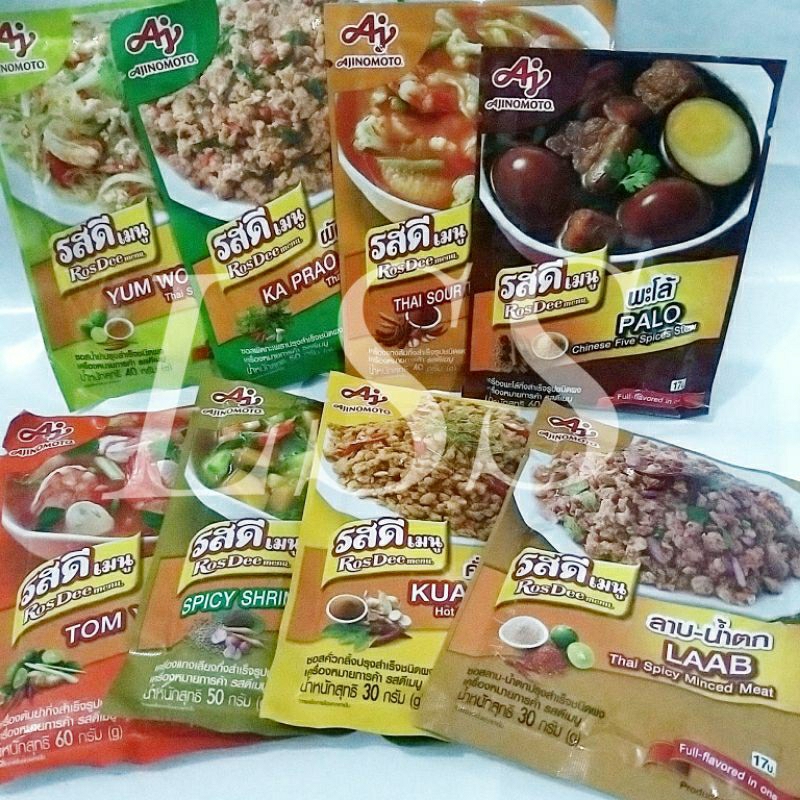 

Ajinomoto RosDee Bumbu Bubuk Masakan Thailand Tom Yum Kung / Spicy Shrimp Soup / Thai Spicy Minced Meat / Thai Spicy Salad / Hot Stir Fried Curry / Thai Basil Stir Fry / Sour Turmeric Soup
