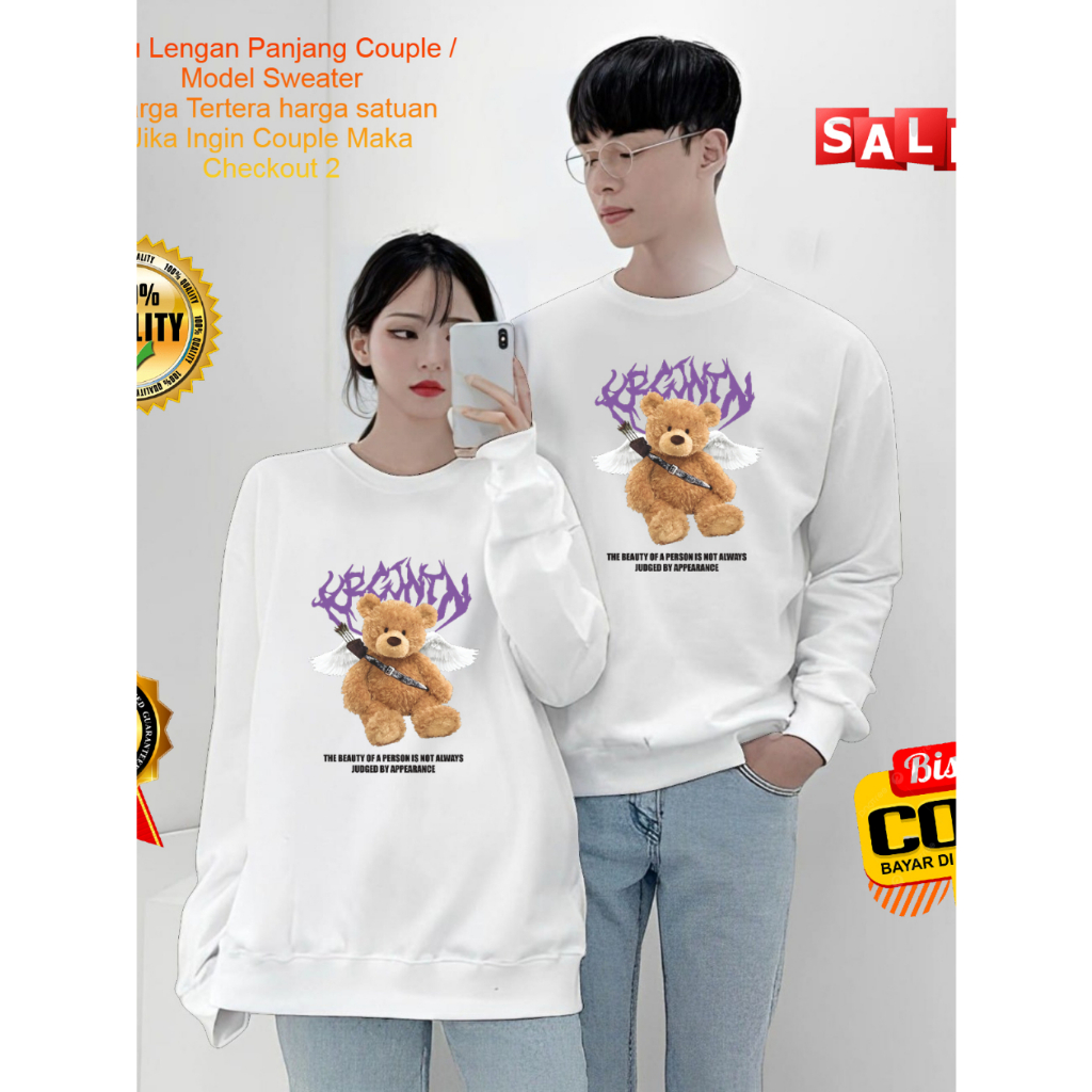 Baju Kaos Couple Pasangan Bear SAYAP / Kaos Lengan Panjang Kapelan Model Sweater / Kaos Couple Cewek