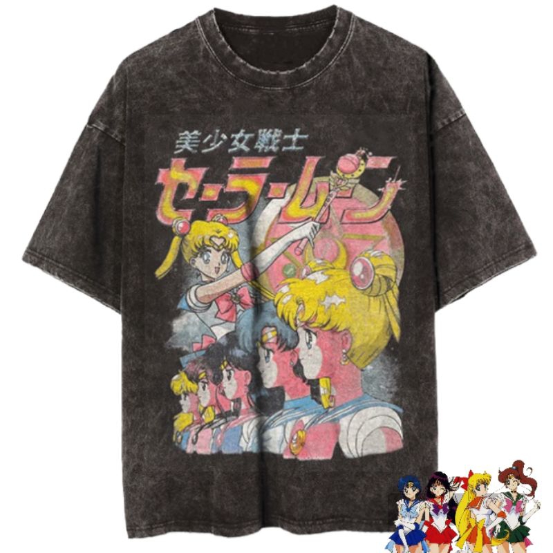 Sailor Moon Anime Vintage Wash T-shirt/Kaos Anime Vintage Wash Sailor Moon Unisex/Kaos Anime Retro S