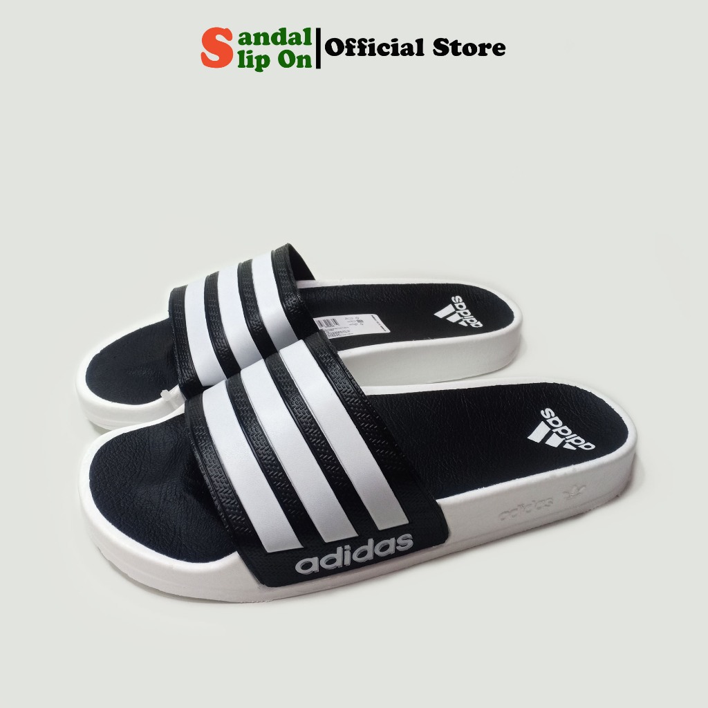 Sandal selop slide Casual Adidas pria wanita tipe selop warna Putih Insol hitam motif garis Hitam