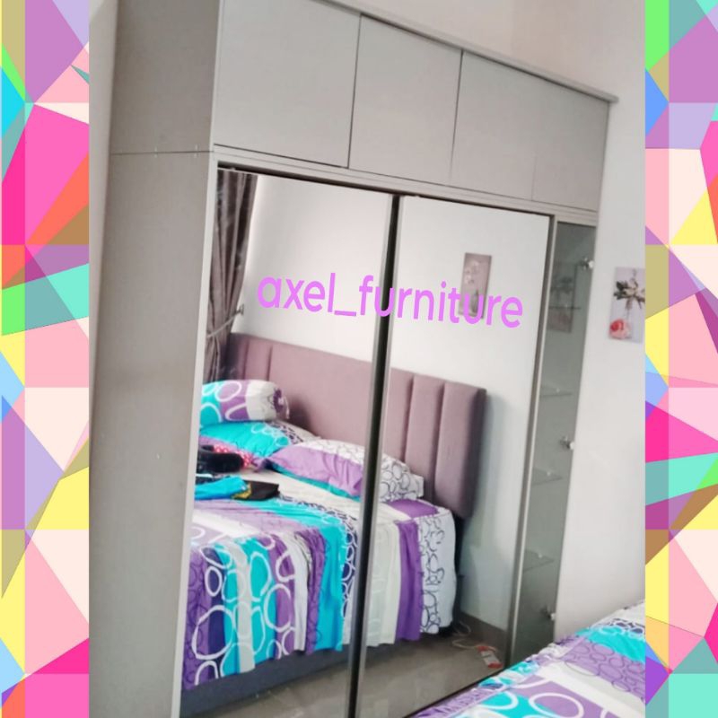 Lemari pakaian sliding door 2 pintu jumbo + display kabinet kaca pakai lampu. model mewah minimalis 