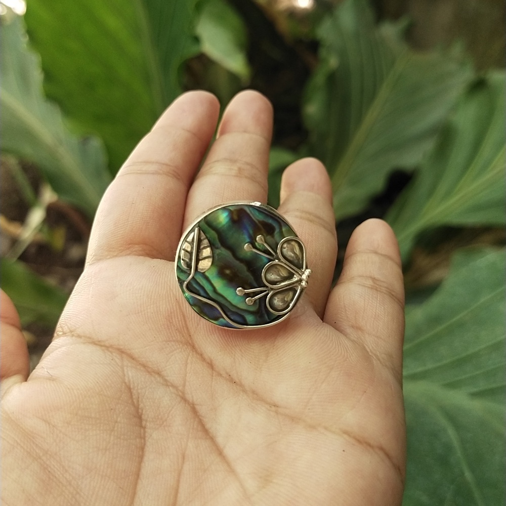 Cincin Ring Perak Silver Bali Asli 925 Bulat Kerang Power Paua Daun Lebar Wanita Pria Laki Etnik Cus
