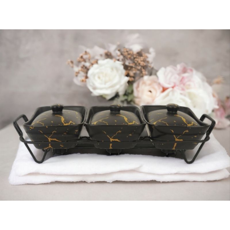 Food warmer Vicenza, Alat Saji dengan Rak Motif Marmer Bm751 hitam, wadah saji penghangat makanan Vi