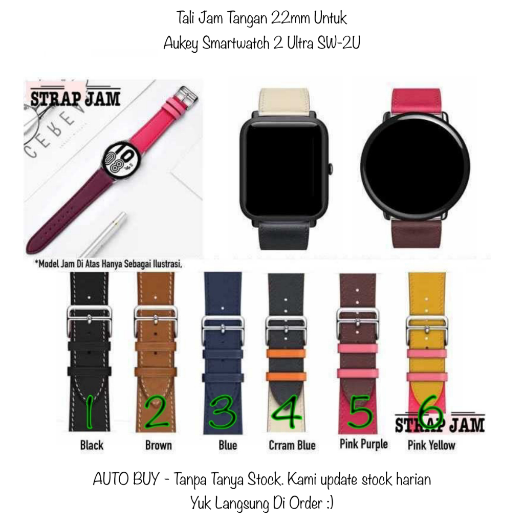 Fashion Strap 22mm Aukey Smartwatch 2 Ultra SW-2U - Tali Jam Tangan Kulit Leather Stylish