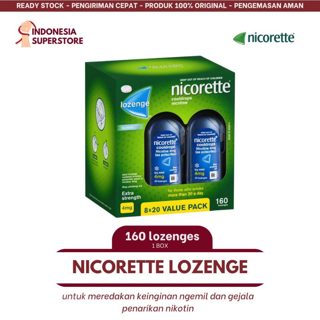 

Permen Hisap Pengganti Rokok - Nicorette extra strength 2mg 4mg lozenge Fruit Icy Mint 8x20 (1BOX)