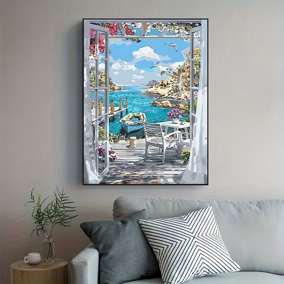 Lukisan Kanvas Pola Pemandangan Pantai Cocok untuk Seni Dekorasi Dinding Rumah