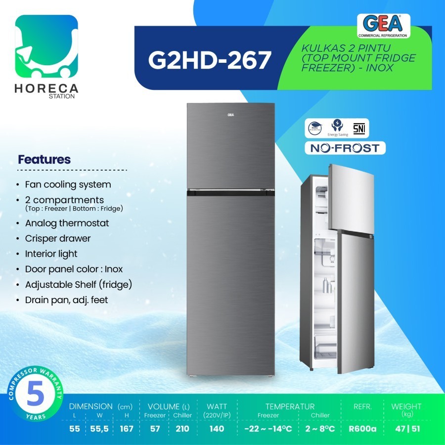 GEA Kulkas Rumah 2 Pintu INOX G2HD-267 / G2HD 267 / G2HD267