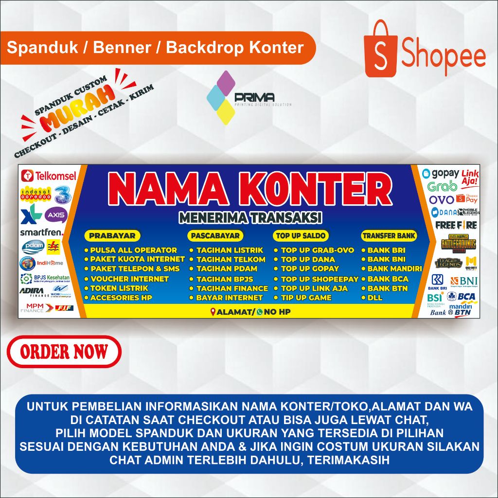 BANNER SPANDUK KONTER PULSA CUSTOM DESAIN & UKURAN/BANNER PROMOSI KONTER PULSAA