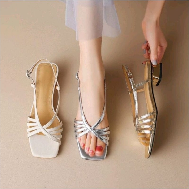 Sepatu Sandal Selop Hak Tahu Kotak Chunky 3cm Wanita Tali US 142