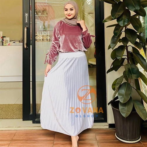 Rok Plisket Bludru Putih Panjang Dewasa Premium // Rok Wanita Bludru Velvet Putih Premium // Rok Pli