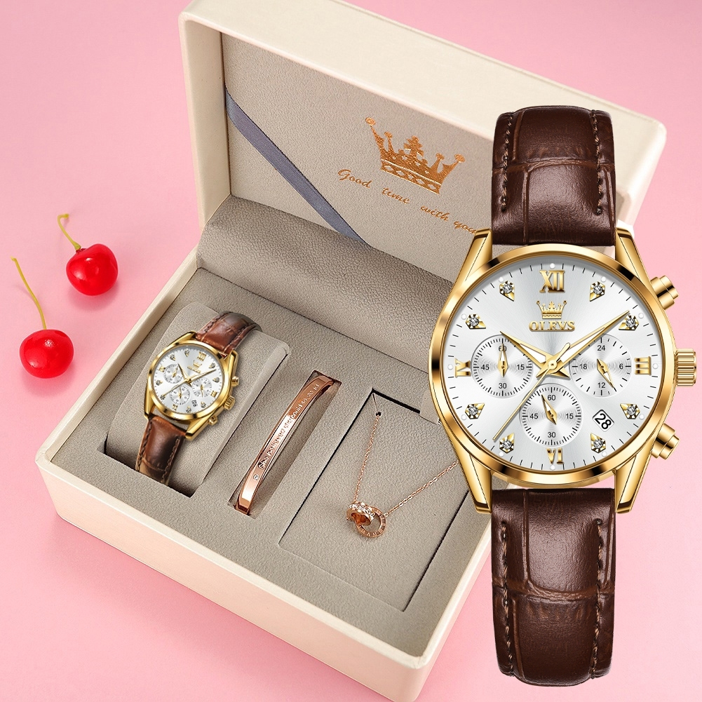 OLEVS Jam Tangan Wanita Anti Air Original Kulit  Casual Asli Dengan Tanggal Luminous Ultra-thin Rose