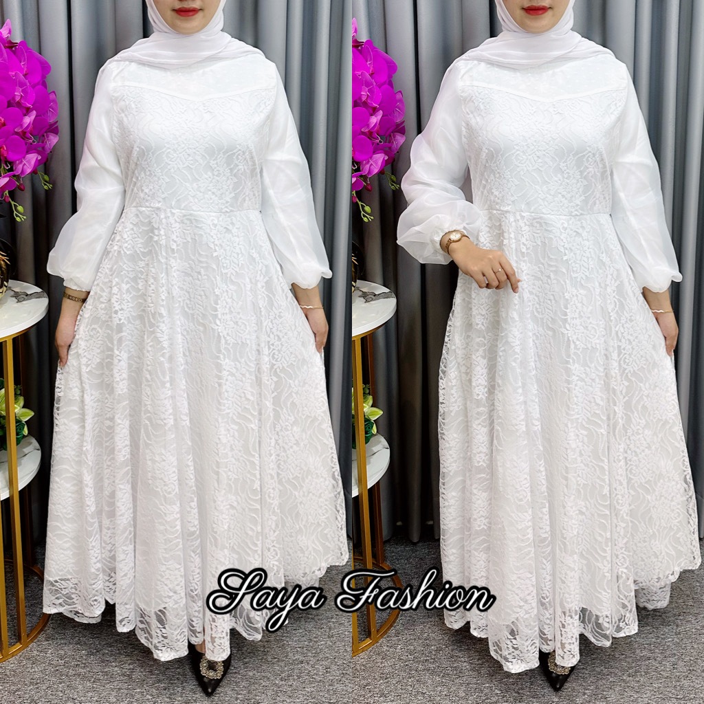 Gamis Putih Brukat Organza Polos 6291 1 Baju Muslim Gamis Putih