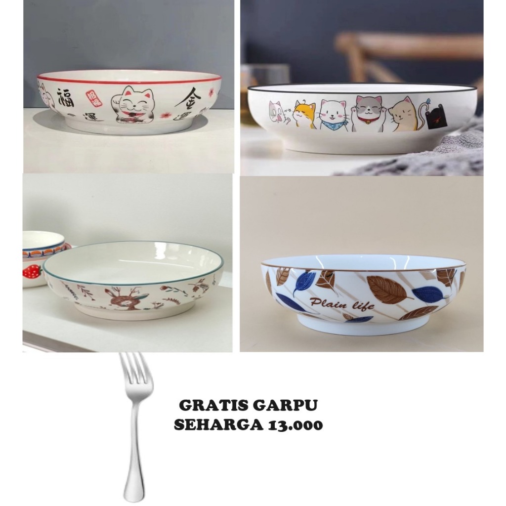 Mangkok Keramik Motif Kucing JUMBO - Ukuran 23 cm/9inc