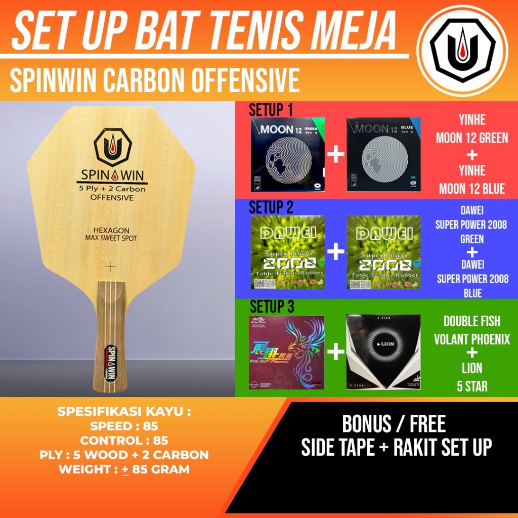 Paket Bat Pingpong Rakitan Spin Win Hexagon Carbon Dawei Lion Yinhe