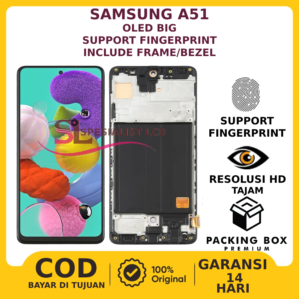 LCD TOUCHSCREEN SAMSUNG GALAXY A51 ORIGINAL SUPPORT FINGERPRINT INCLUDE FRAME/BEZEL GARANSI