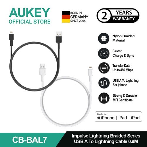 AUKEY Kabel Charger USB-A to Lightning MFI 1 Meter Braided Nylon CB-BAL7