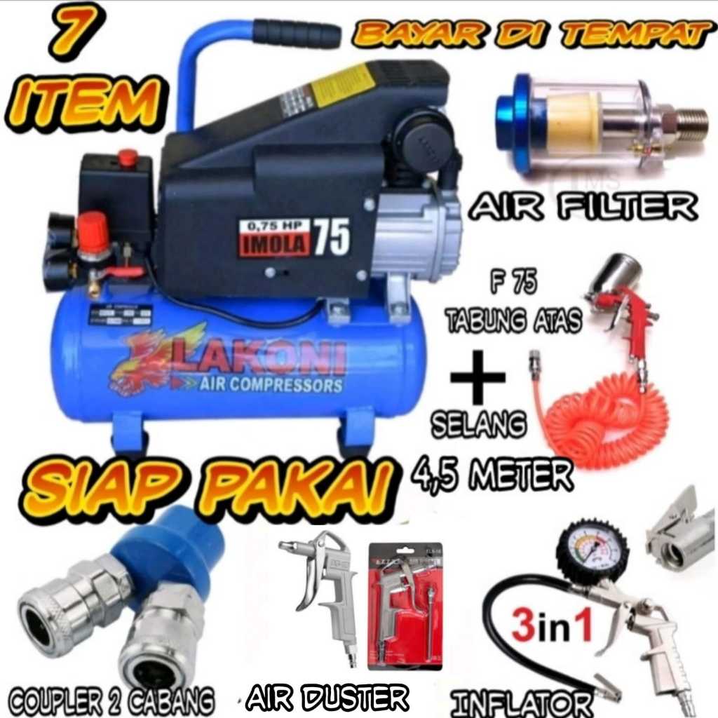 paket kompresor listrik Lakoni imola 75 Oilless Silent 3/4 0.75 HP 9 Liter OL07-09 free coupler 2 ca