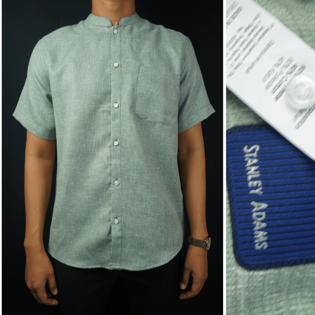 Baju Koko Pria Lengan Pendek STANLEY ADAMS Sage Green/Hijau Sage Motif Serat | Shanghai Shirt | Basi