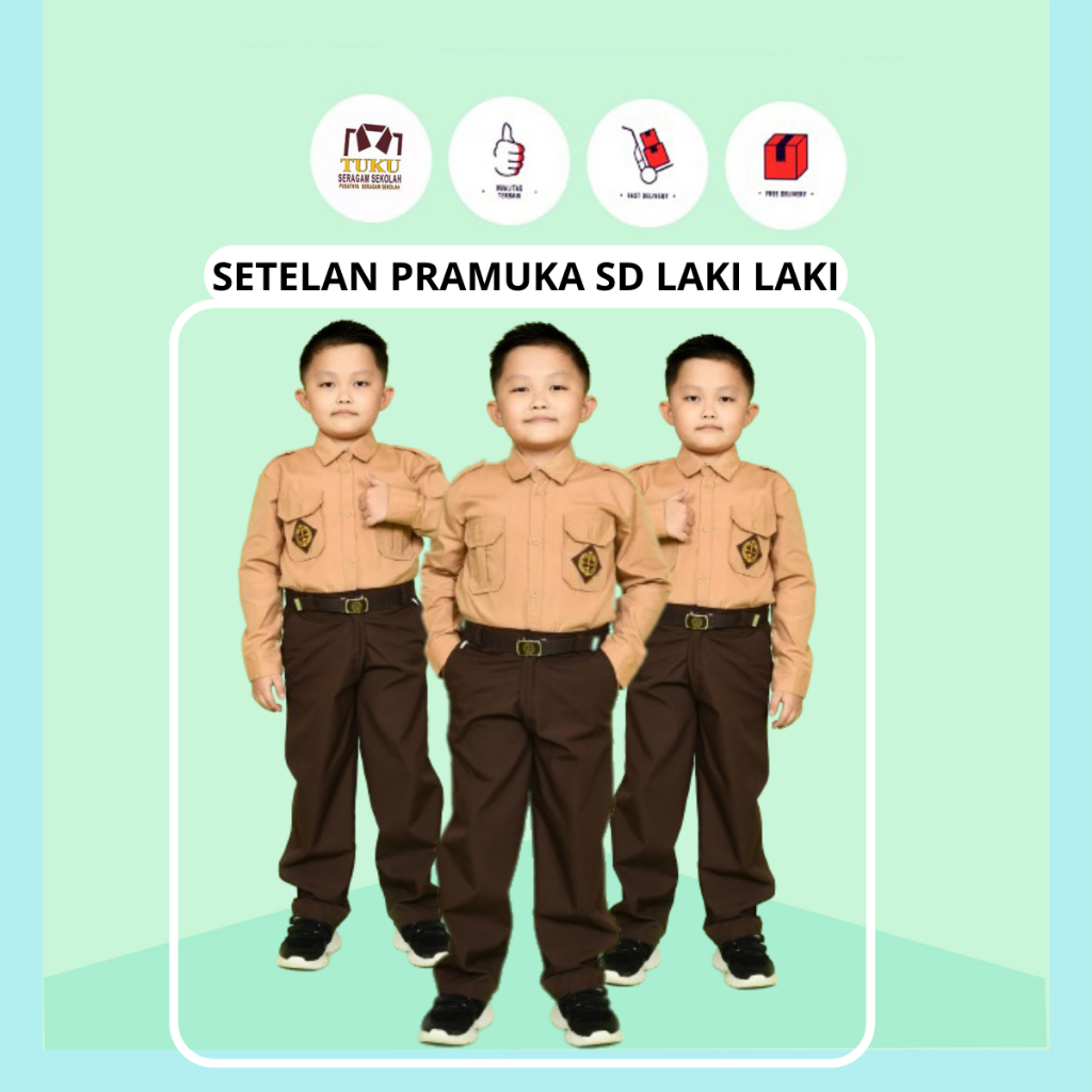Seragam Sekolah Baju Pramuka Celana Sekolah SD Panjang Warna Coklat Pinggang Karet Laki Pria