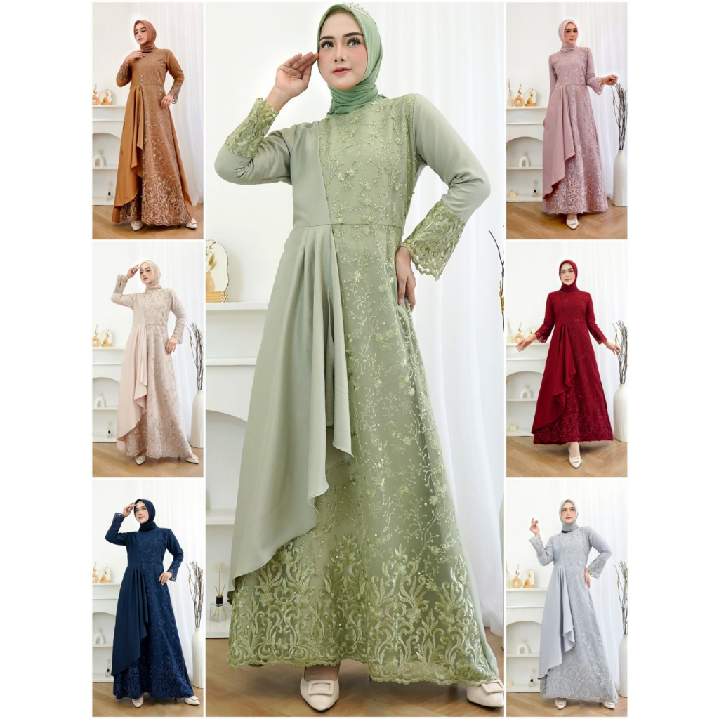 Gamis Mafaza Brokat TilLe Bordir Maxi Dress Lebaran Brukat Tulle Baju Muslim / Dres Muslim Pesta Kon