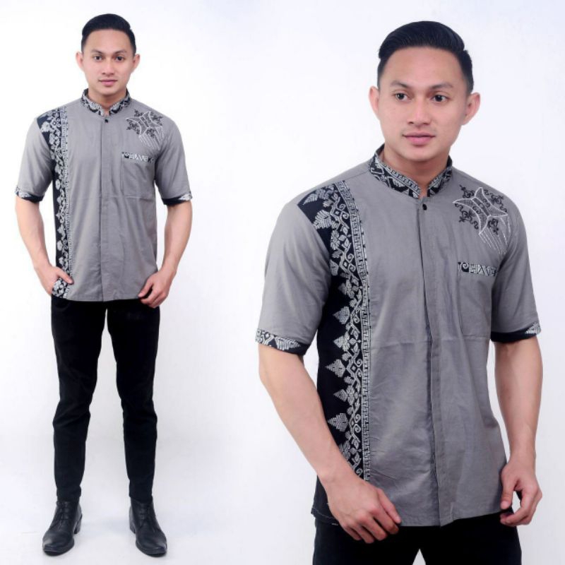 BAJU KOKO PRIA LENGAN PENDEK POLOS KOMBINASI BATIK